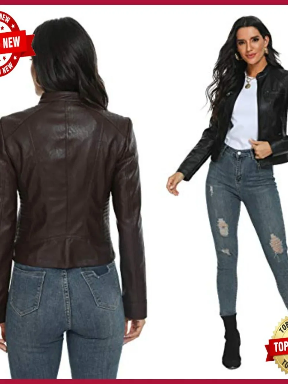 Faux Leather Motorcycle Jacket with Stand Collar, Polyester Lining